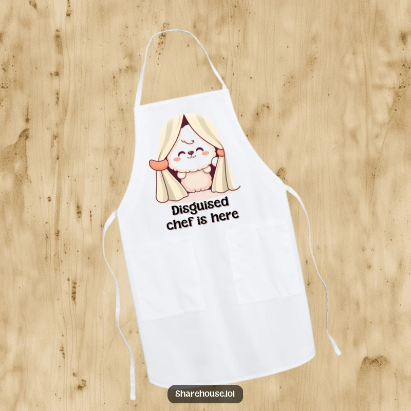 Funny apron with a fluffy character peeking from behind striped curtains, wearing a wide, cheerful grin while protecting clothes.