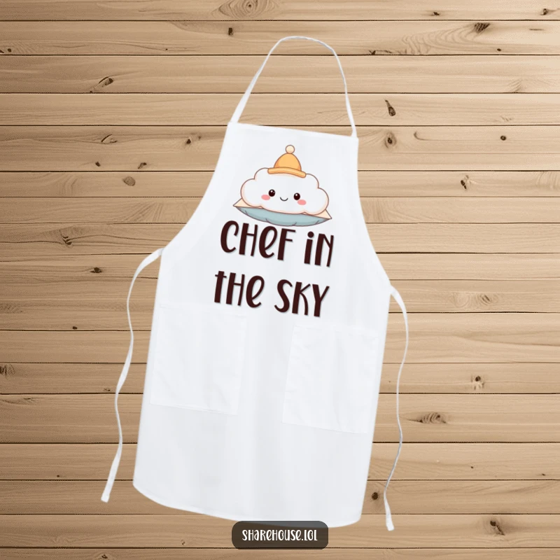 Funny apron showcasing a smiling fluffy cloud wearing a tiny hat, floating whimsically, ideal for a humorous cooking experience.