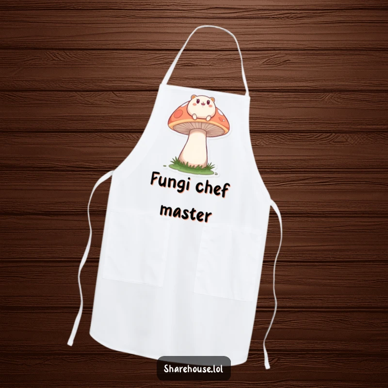 Funny apron showcasing a small, round creature happily bouncing on a large mushroom, ideal for a humorous cooking experience.