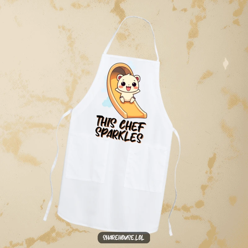 Funny apron with a wiggly creature excitedly sliding down a colorful rainbow slide, adding fun to cooking.