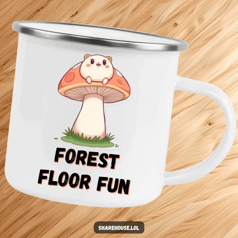 Funny camping mug with a small, round creature happily bouncing on a large mushroom, built for adventure and nature-themed humor.