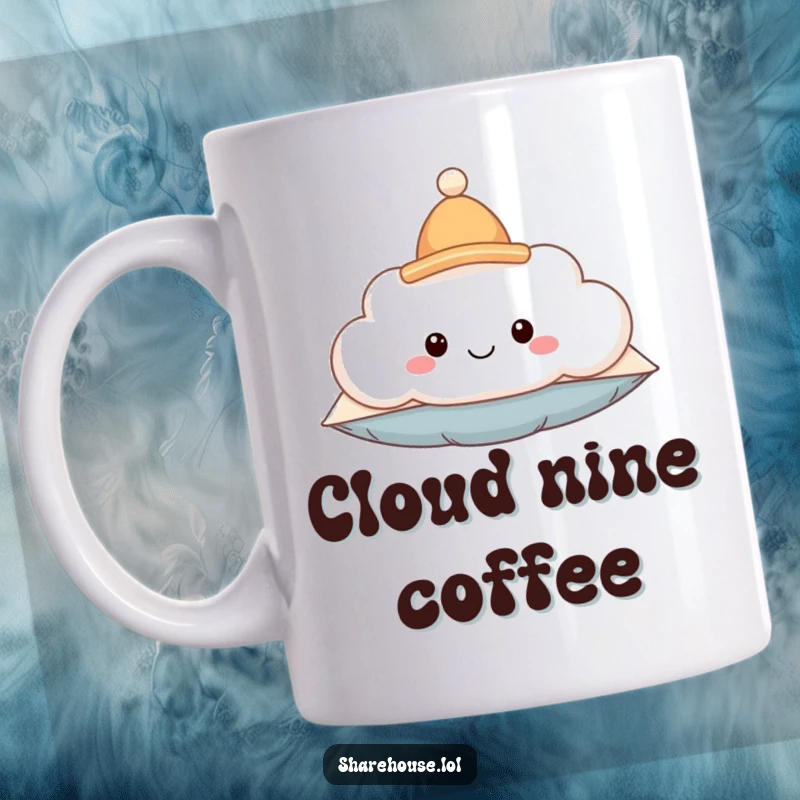 Funny mug featuring a smiling fluffy cloud character wearing a tiny hat, floating serenely, exuding joy and comfort.