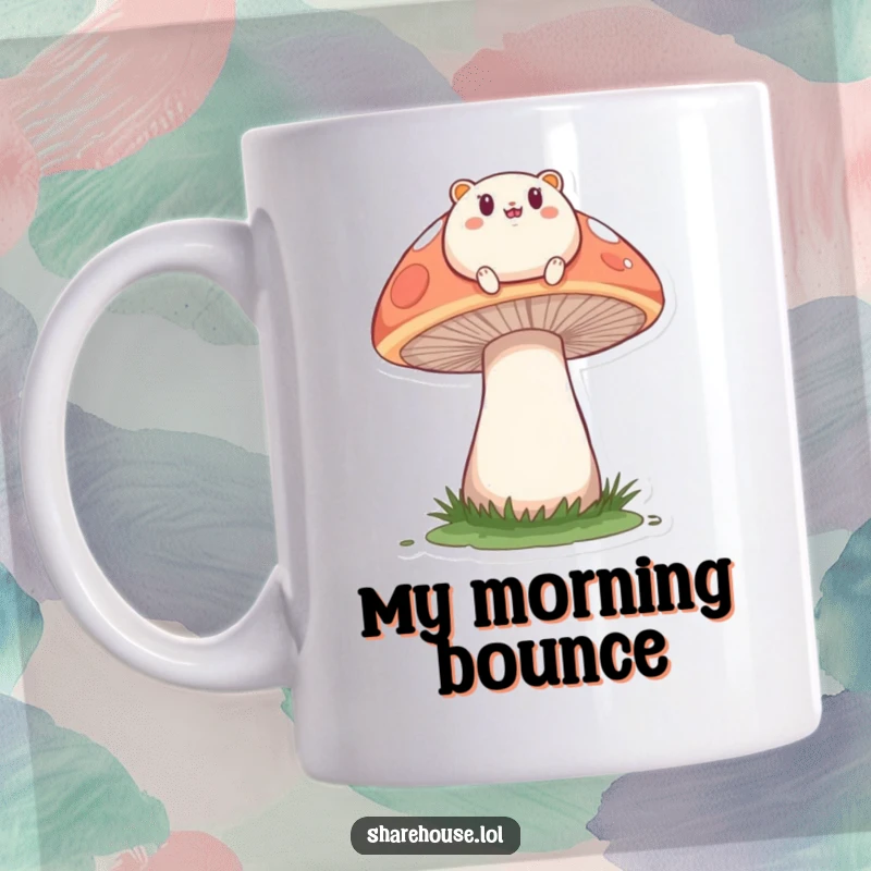 Funny mug depicting a small, round creature happily bouncing on a large mushroom, exuding pure joy and energy.