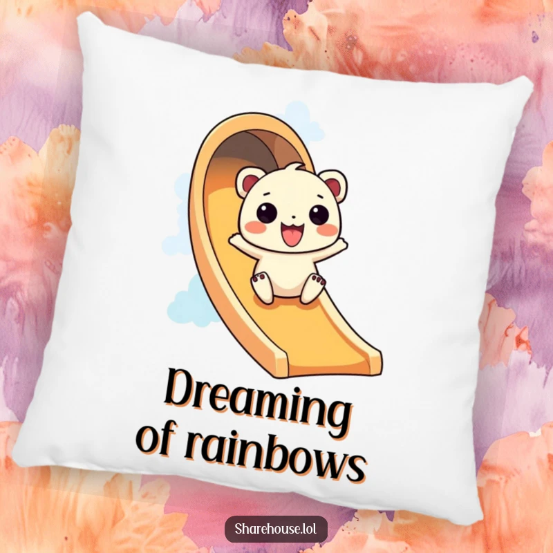 Funny pillow with a wiggly creature gleefully sliding down a vibrant rainbow slide, perfect for cozy enjoyment.