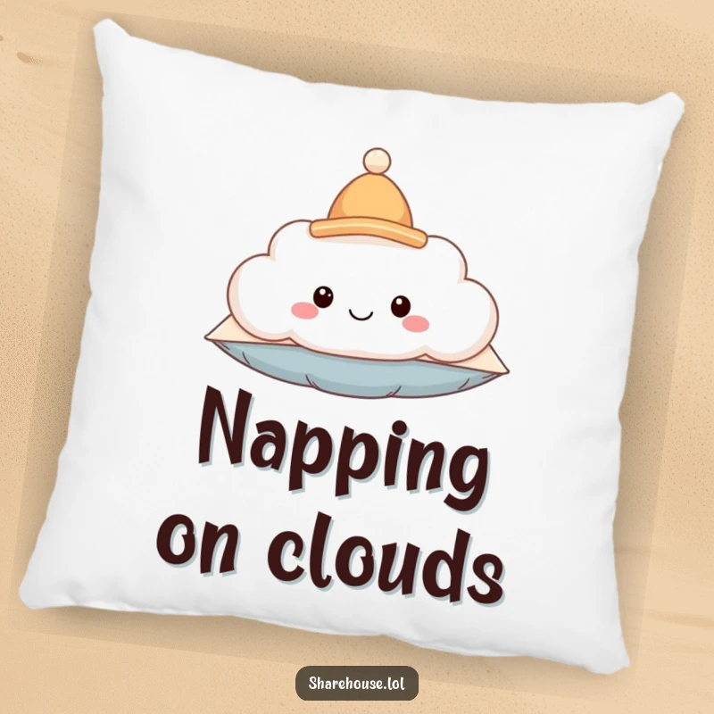 Funny pillow of a smiling fluffy cloud wearing a tiny hat, floating peacefully, designed for comfort and whimsical delight.