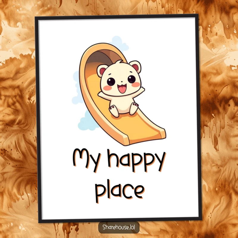 Funny digital art print of a wiggly creature excitingly sliding down a vibrant rainbow slide, for instant joyful decor.