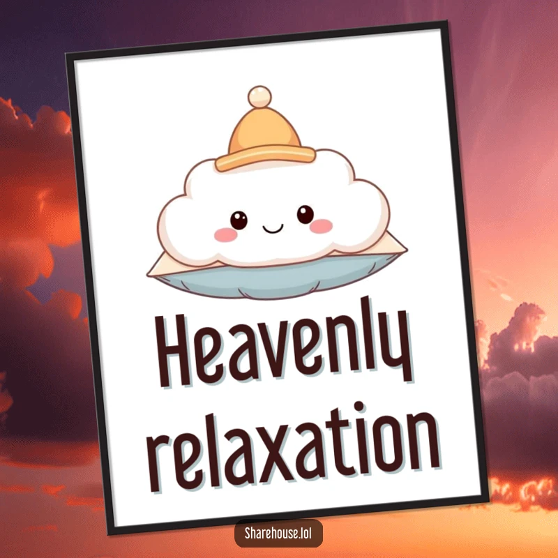 Funny digital art print of a smiling fluffy cloud wearing a tiny hat, floating peacefully, capturing a moment of pure joy.