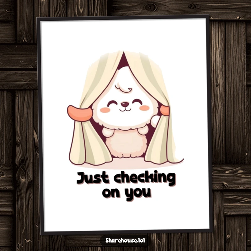 Funny digital art print of a fluffy character peeking from behind striped curtains with a wide, inviting grin.