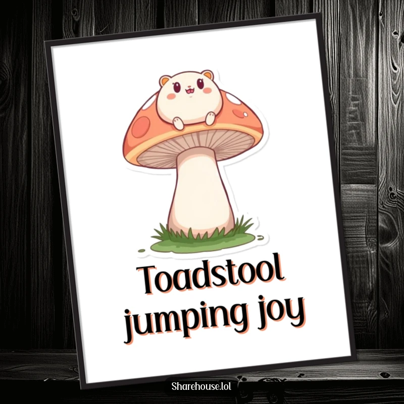 Funny digital art print of a small, round creature happily bouncing on a large mushroom, capturing a moment of pure joy and nature's magic.