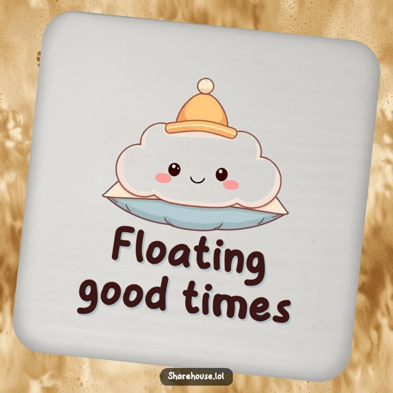 Funny coaster showing a smiling fluffy cloud wearing a tiny hat, floating happily, protecting surfaces with charm.