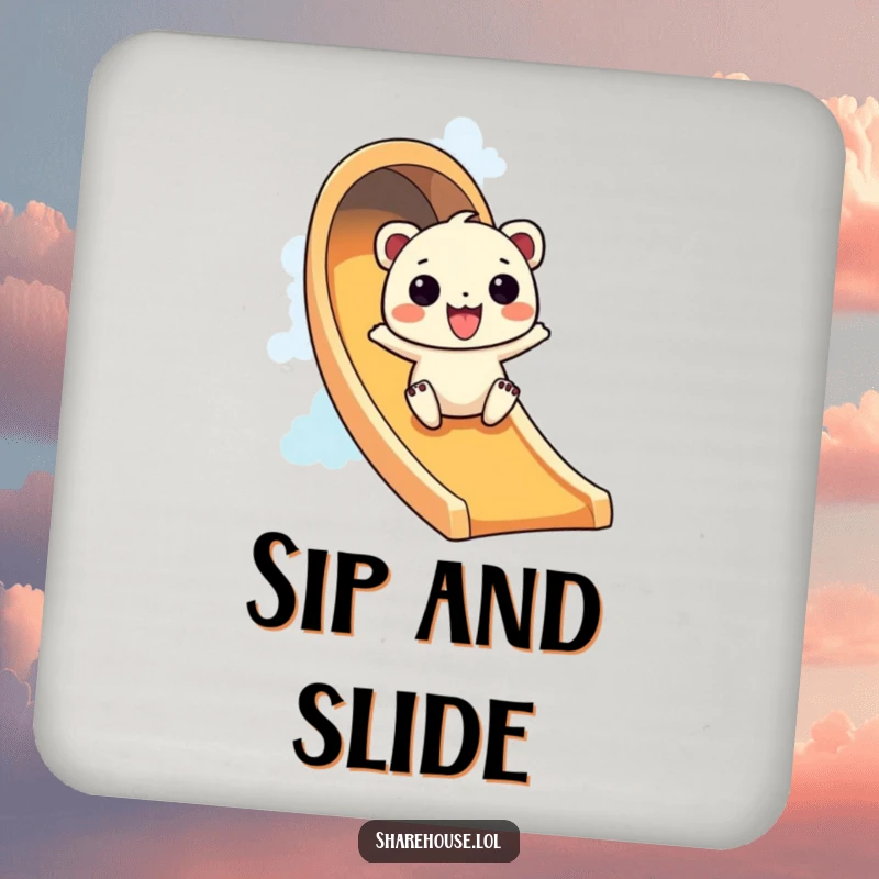 Funny drink coaster with a wiggly creature sliding down a colorful rainbow slide, for table protection.