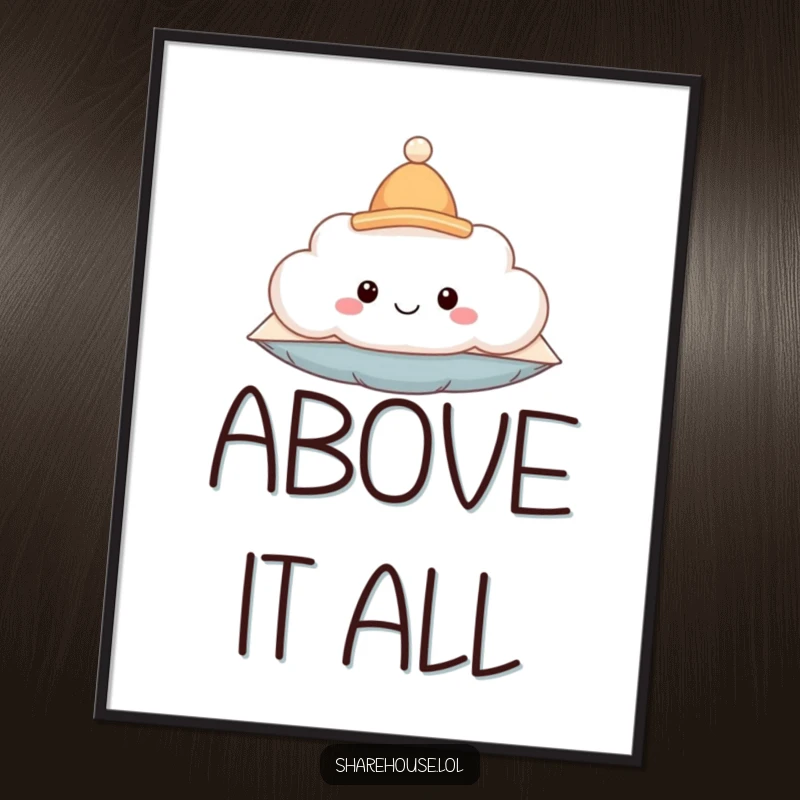 Funny poster print of a smiling fluffy cloud wearing a tiny hat, floating happily, creating a whimsical and joyous scene.