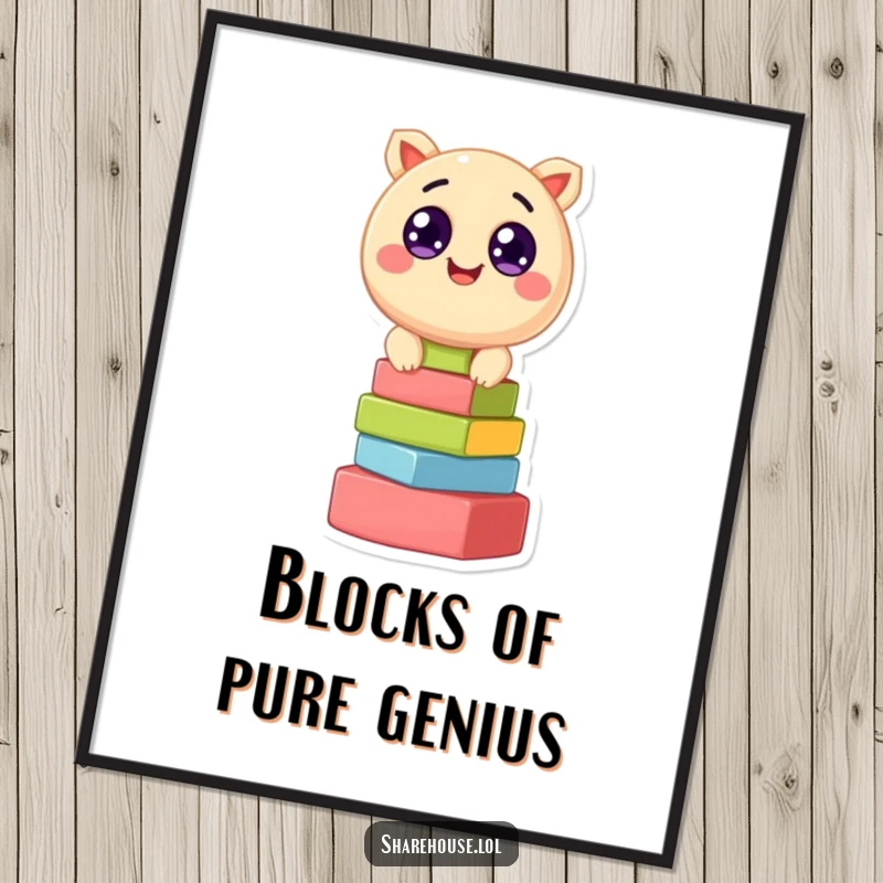 Funny poster of a round, happy creature with big eyes, enthusiastically stacking colorful toy blocks, adding cheer to walls.