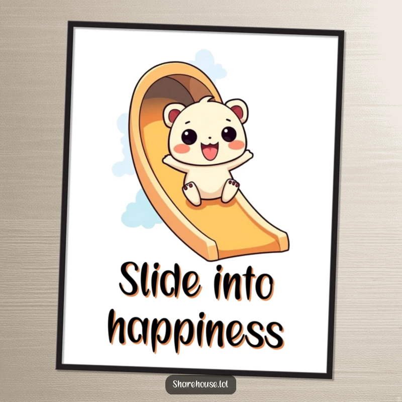 Funny poster of a wiggly creature excitingly sliding down a bright, colorful rainbow slide, promoting joy.