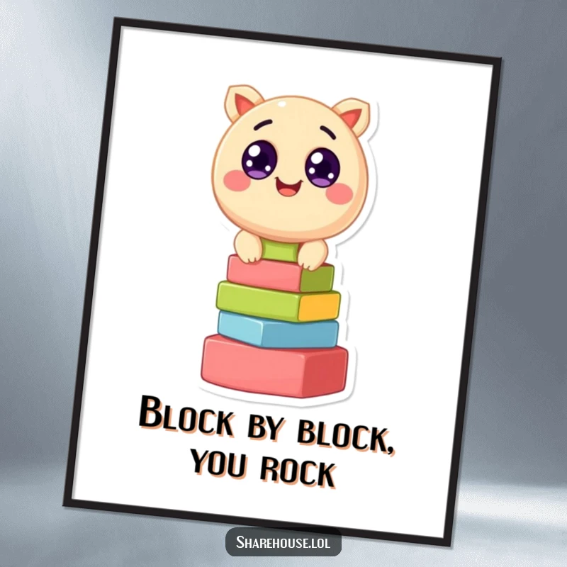 Funny Free Printable Wall Art: A round creature with joyful wide eyes stacking colorful blocks, creating a whimsical and playful art piece.