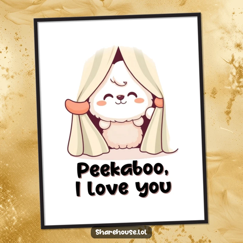 Funny Free Printable Wall Art: A fluffy character with a wide grin peeks out from behind colorful striped curtains, creating playful art.