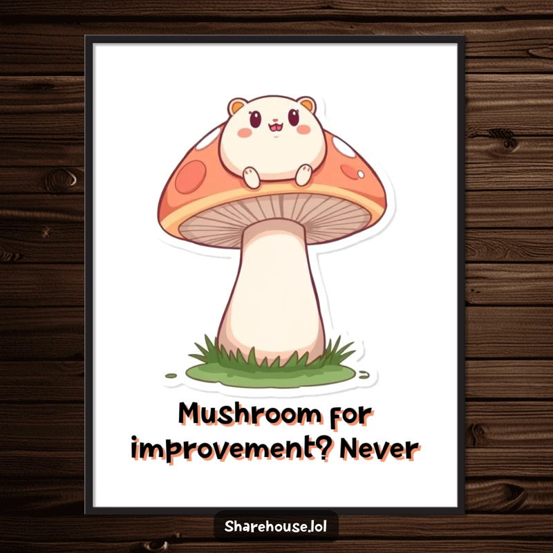 Funny free printable wall art of a small round creature happily bouncing on a large mushroom, whimsical decor.