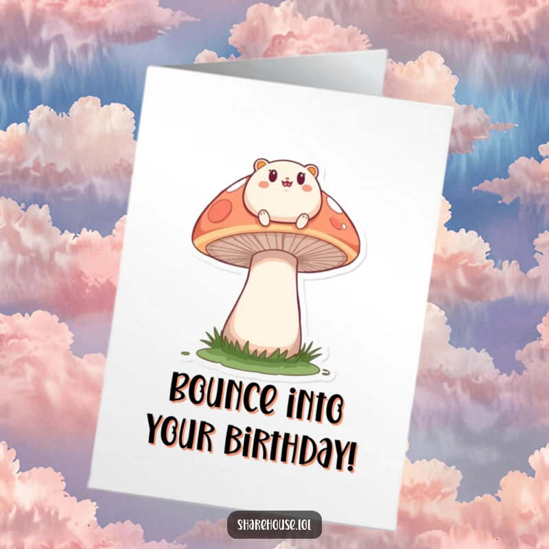 Funny free printable birthday card: small round creature happily bouncing on a large mushroom, birthday excitement.