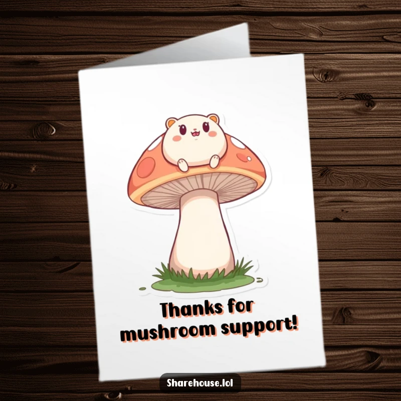 Funny free printable thank you card: small round creature happily bouncing on a large mushroom, thankful glee.