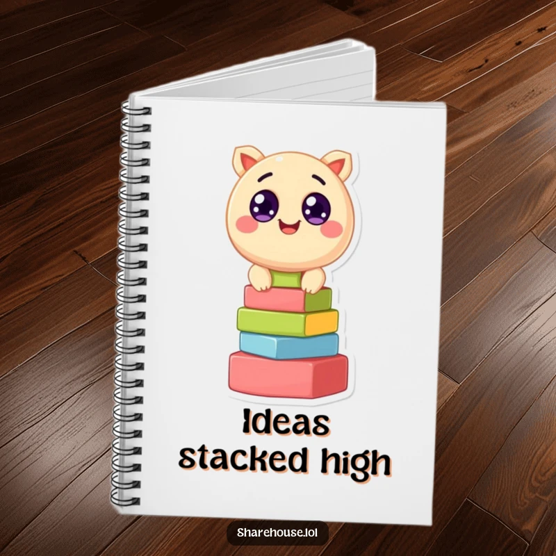 Funny notebook with a cheerful, round creature and wide eyes, stacking colorful blocks, inspiring creative note-taking.