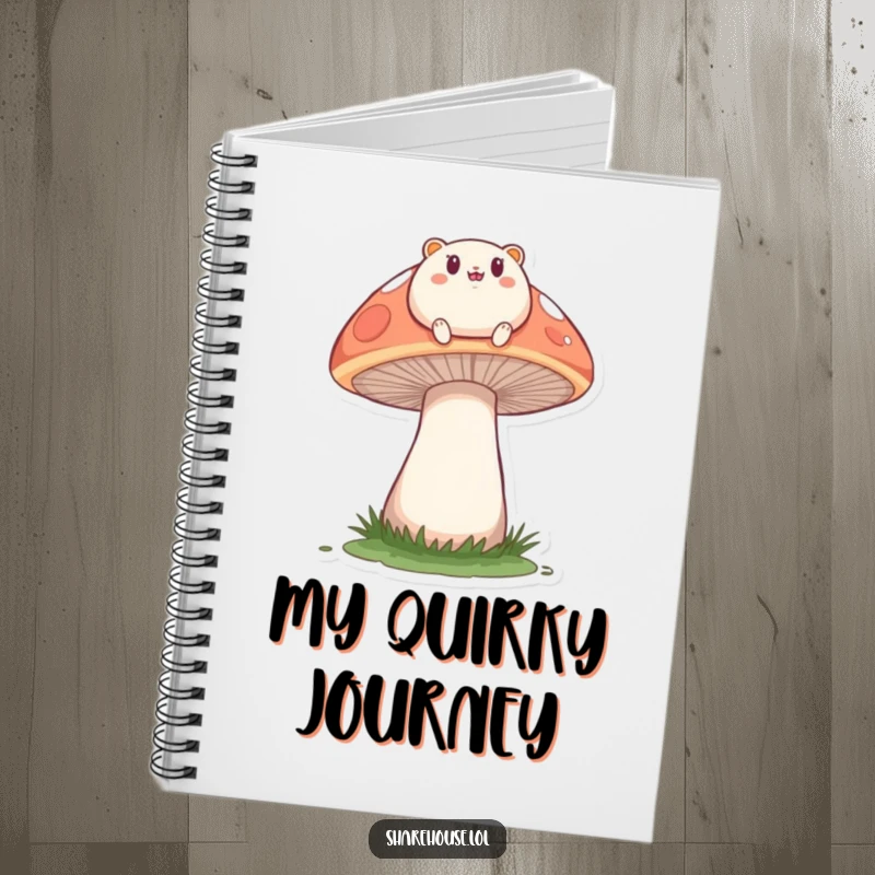 Funny notebook cover with a small, round creature happily bouncing on a large mushroom, inspiring creativity and nature-themed fun.