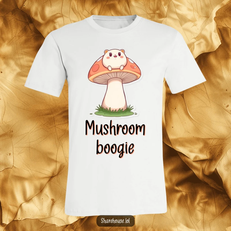 Funny T-shirt with a small, round creature happily bouncing on a large mushroom, radiating pure delight and adventure.