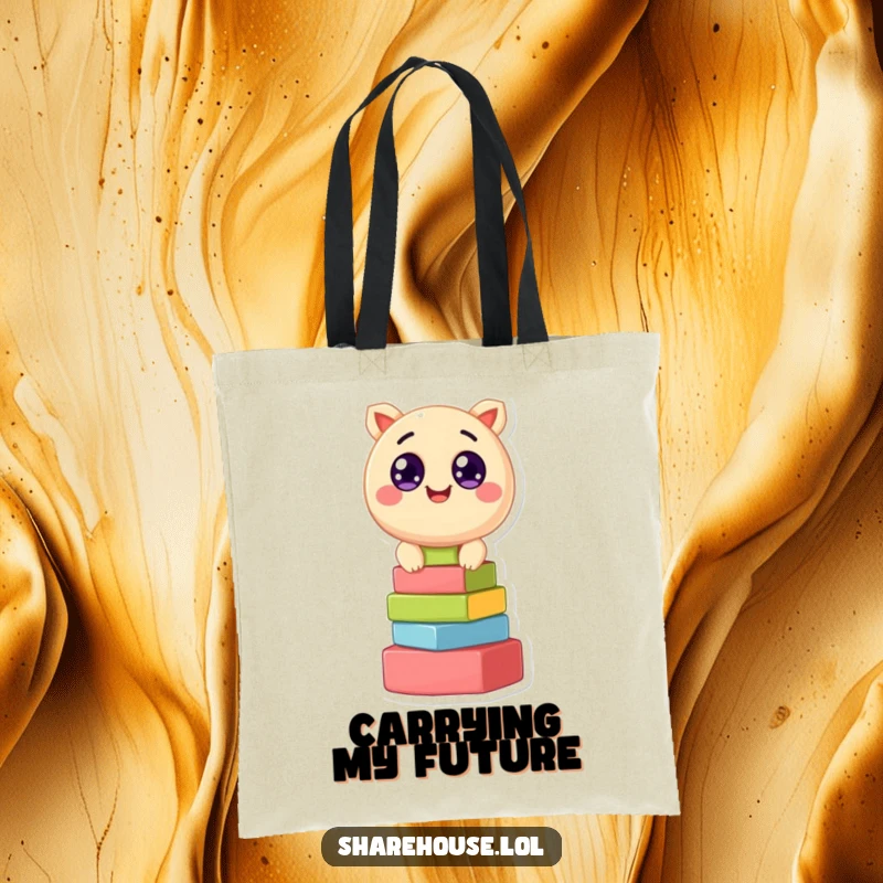 Funny tote bag featuring a cheerful round creature, wide-eyed, stacking colorful blocks, perfect for carrying everyday items with a smile.
